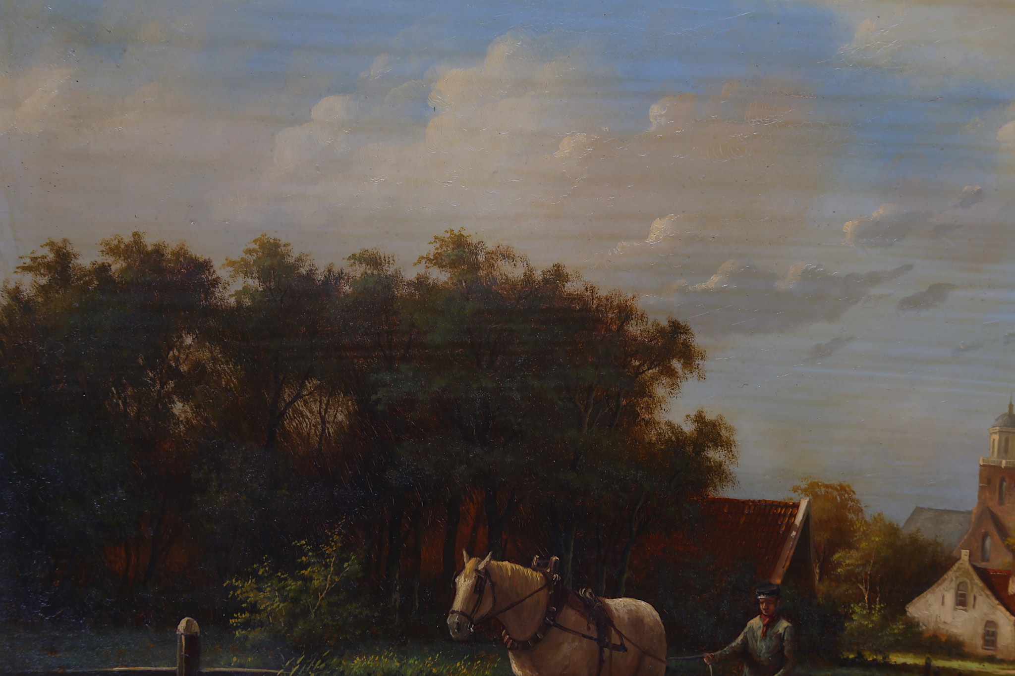 Dutch school, 20th Century. Oil on panel. 'Barge Horse & Handler'. Exterior canal scene. - Image 3 of 5