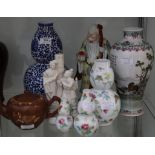 Chinese blue and white porcelain double gourd vase  28 cm 3 famille rose porcelain vases, a red ware