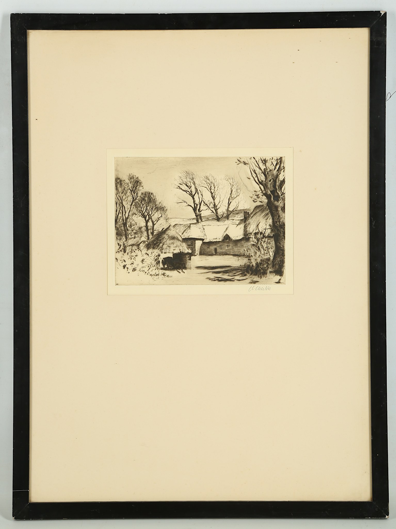 Charles Cheston 1882-1960. 'Thatched Farm in the Landscape'. Soft ground etching. Pencil signed.