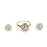 A diamond cluster ring and pair of earstuds, Set with brilliant-cut diamonds, ring with UK