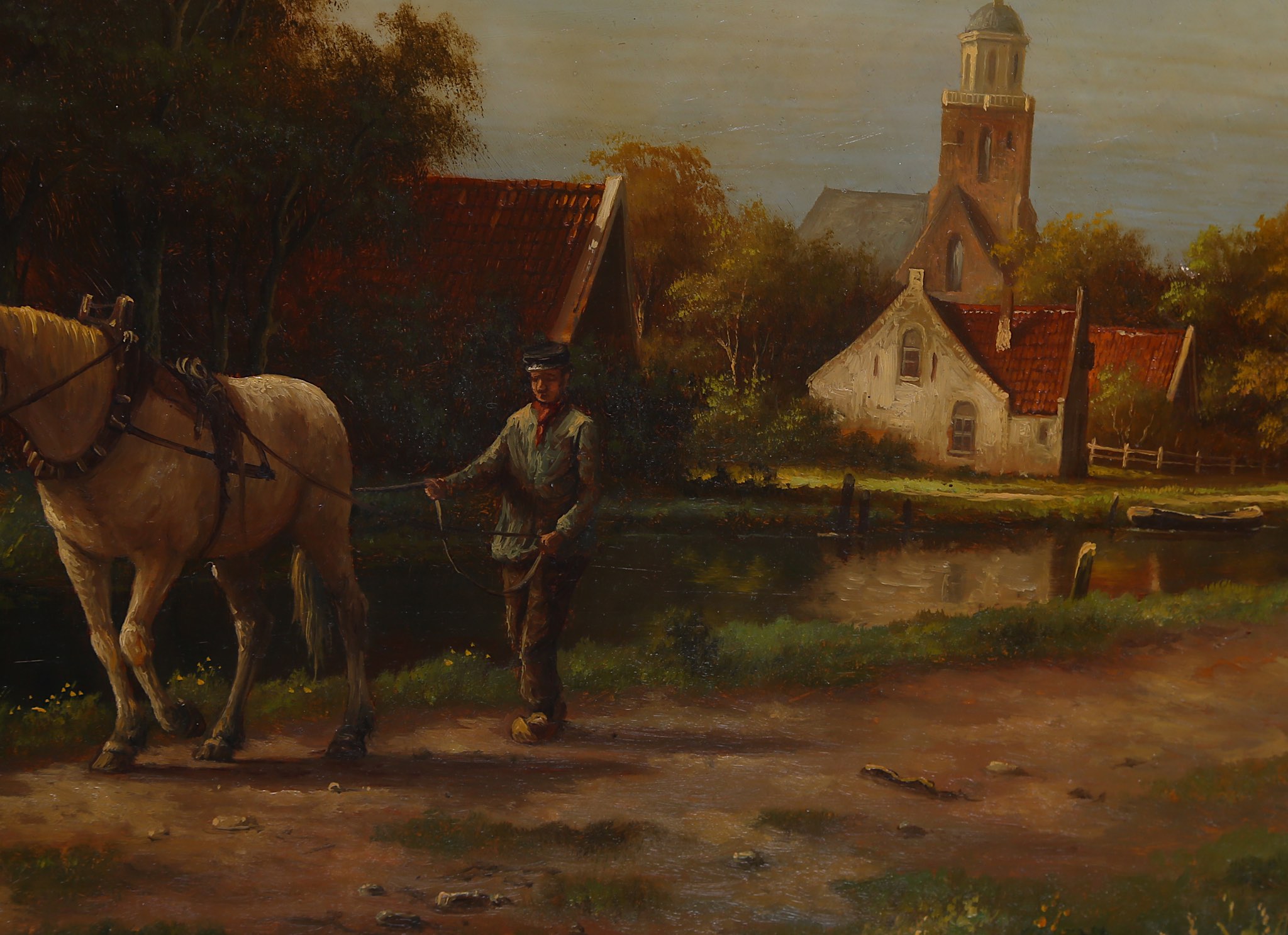 Dutch school, 20th Century. Oil on panel. 'Barge Horse & Handler'. Exterior canal scene. - Image 2 of 5