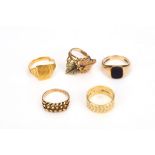 A group of five rings, including one 18ct gold band, two 9ct gold rings, one hoop broken, with UK