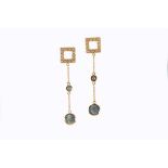 A pair of cat's eye alexandrite earrings Each openwork 18 carat gold square surmount, set with