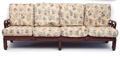 A pair of Chinese hardwood settees, each with four panelled lattice style backs and arms, - Image 2 of 2