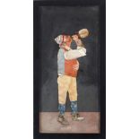 A Pietra Dura hardstone plaque depicting a gentleman in a waistcoat and hat drinking wine from a