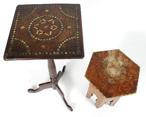 A 19th Century mahogany square table with inlaid top on a turned column and tripod support, - Image 2 of 2