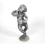 A lead fountainhead figure of a putto with serpent entwined around his arm,