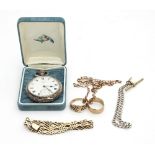 An open-faced silver pocket watch, a silver chain, a gold chain,