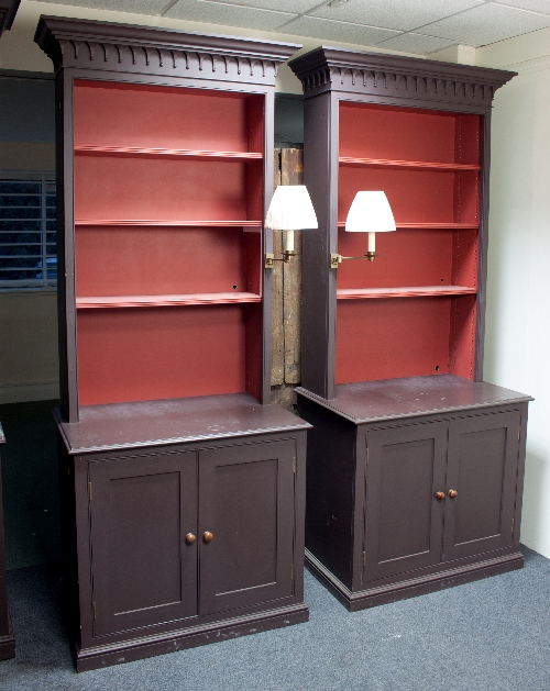 A set of Georgian style open bookcases, in pine and MDF, two 238cm x 106cm and an L-shaped bookcase,