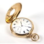 An 18ct gold cased half-hunter pocket watch, the dial cover with Roman numerals in blue enamel,