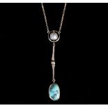 An Arts and Crafts style turquoise and pearl pendant necklace set in a 9ct gold chain,