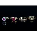 A ruby and diamond cluster ring to a 9ct gold band, size M½, a ruby set half-eternity ring,