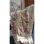 Three pairs of floral and stripe printed curtains, in yellow, reds and green, 230cm drop x 80cm,