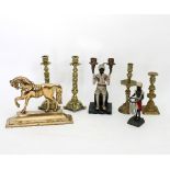 Two Indian painted spelter table lights,