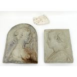 Two Classical relief portraits and a plaster replica of the Chatsworth foot