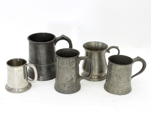 A Victorian pewter quart mug and four other tankards various