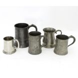 A Victorian pewter quart mug and four other tankards various