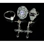 An amethyst and marcasite set dress ring,