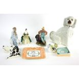 A lustreware plaque, 'Thou God See'st Me' with orange border, a Staffordshire dog,