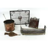 A copper coal bucket, a coal scuttle and a brass fire curb etc.