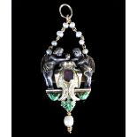 A Renaissance revival enamel and gem set brooch,