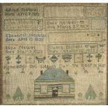 A William IV needlework sampler worked with sibling names and dates of birth and with central house,