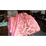 Two pairs of floral woven curtains, foliate decoration in variations of pink to a neutral ground,