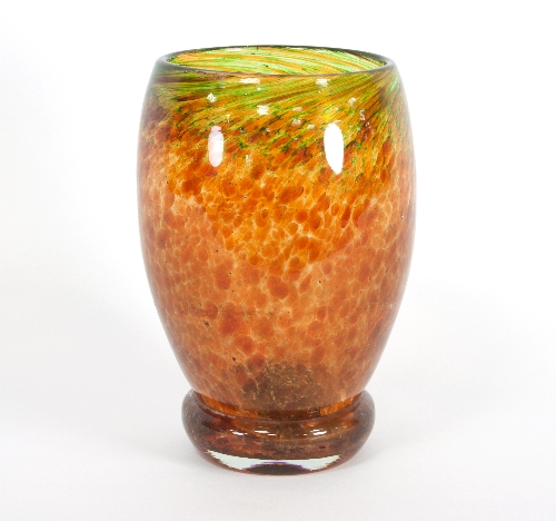 A large studio glass vase with mottled orange and green colouring, 25.