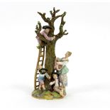 A Meissen porcelain figure group modelled with mother and children picking pears from a tree,