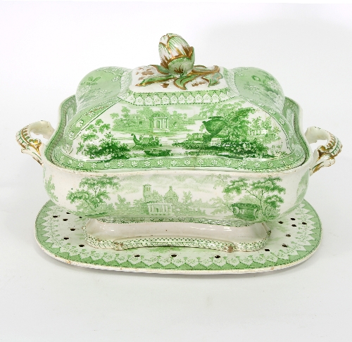 A 19th Century Staffordshire tureen and cover, transfer printed classical landscapes in green, 34.