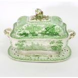 A 19th Century Staffordshire tureen and cover, transfer printed classical landscapes in green, 34.