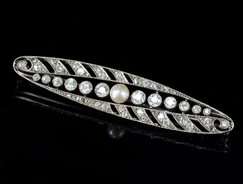 An Edwardian diamond and pearl bar brooch,