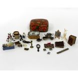 A quantity of miniature/doll's house items including ceramics, glass, an EPNS tea set,