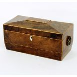 A Regency mahogany sarcophagus shaped tea caddy with fitted interior and ring handles to the sides,