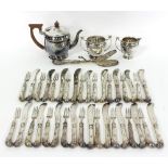 A Prince's plate three-piece tea set Mappin & Webb with crest and motto and eighteen pairs of