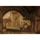 19th Century English School/Woman in a Courtyard Resting at a Table/watercolour over pencil,