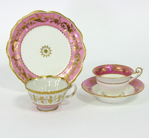 A Spode cup, saucer and plate with gilt and puce borders,