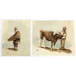 19th Century Continental School/Old Street Pedlar/Man with a Cow/a pair/monogrammed/watercolour, 13.