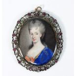 An 18th Century portrait miniature of a lady in a blue dress,oval watercolour on ivory, 5.5cm x 4.