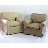 Two upholstered armchairs of matching style, one in cream embossed fabric,