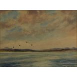 Richard Harrison (born 1954)/Duck Flying over an Estuary/signed/watercolour, 26.5cm x 35.