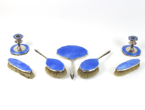 A silver and blue guilloche enamel dressing set, Birmingham 1930,