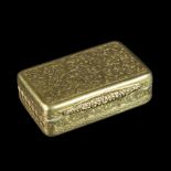 A 19th Century gold snuff box, unmarked, with scroll engraving throughout and floral thumbpiece, 4.