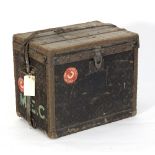 A Louis Vuitton trunk, metal bound with handles to the side,