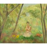 20th Century British School/Woman Kneeling in a Woodland/oil on canvas,