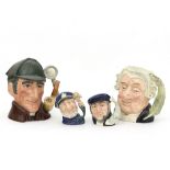 Two Royal Doulton character jugs, The Sleuth D6631, The Lawyer D6498 and two small character jugs,