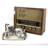 A picquot ware tea set and tray and a 1950s Murphy radio