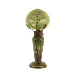 Daum, a cameo glass table lamp, etched and enamelled Summer trees, the base with metal mounts,