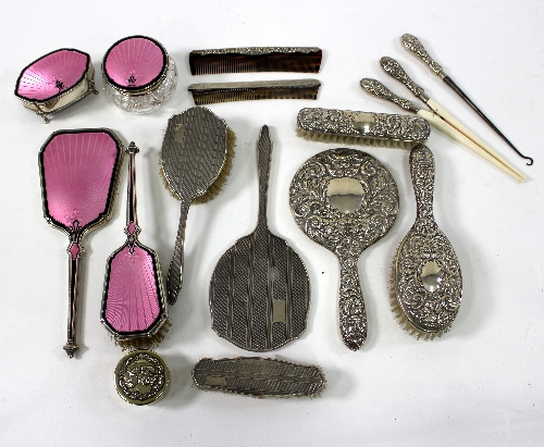 A silver and pink guilloche enamel part dressing table set and sundry other part dressing table