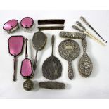 A silver and pink guilloche enamel part dressing table set and sundry other part dressing table